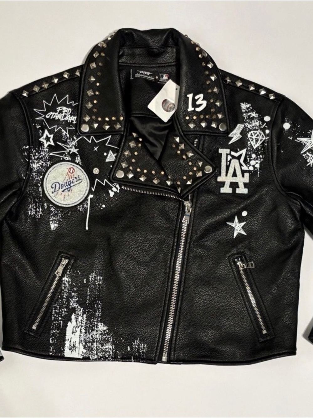 Pro Standard LA DODGERS MLB Women M Leather Moto Jacket NWT Luxury Punk Graffiti
